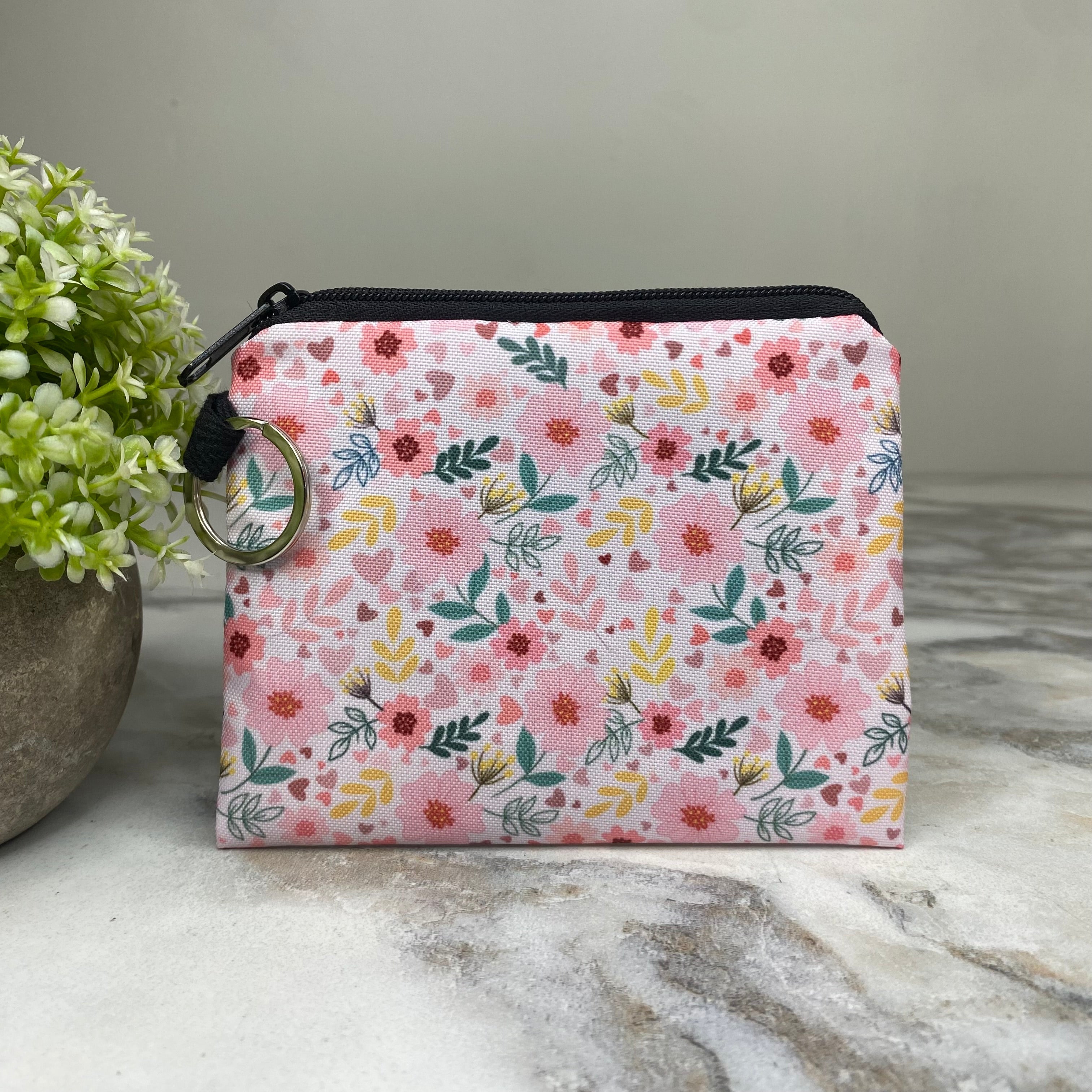 Mini Pouch - Floral Pink Yellow Green on White