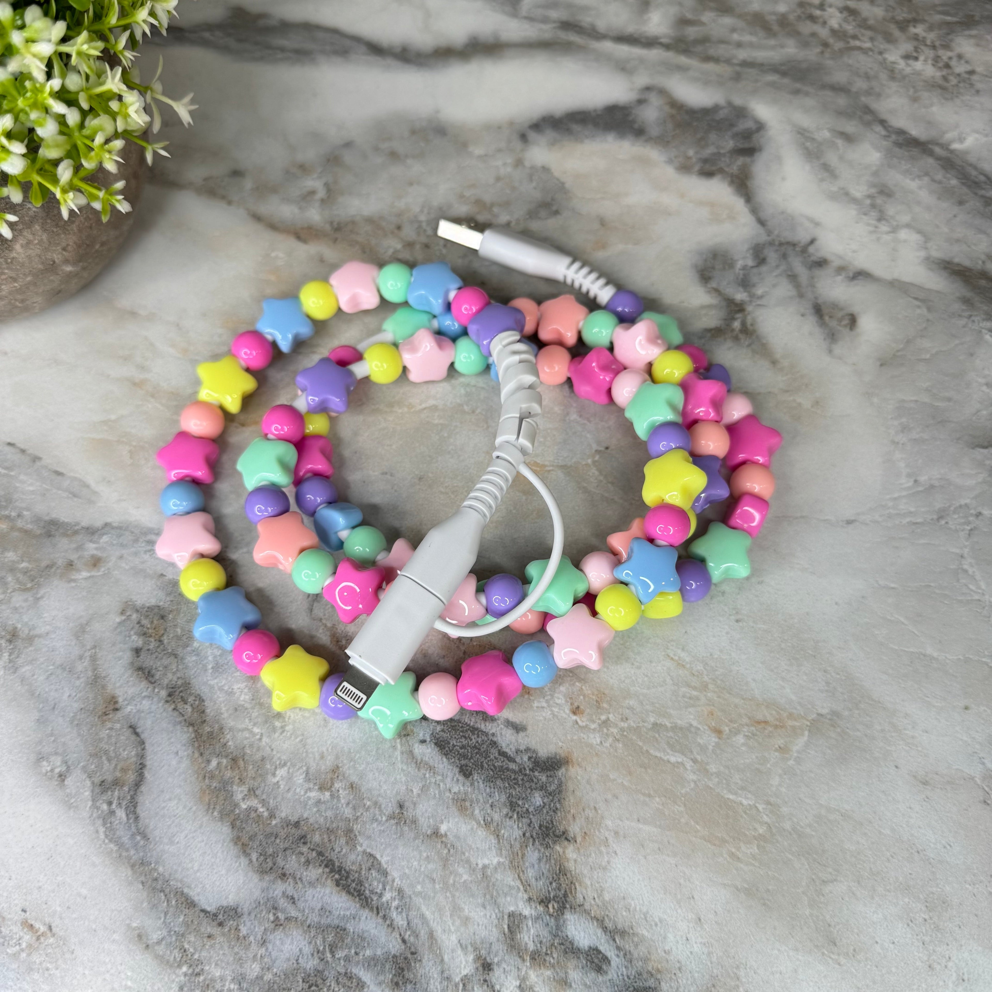 Charging Cord - Beaded #1 - Heart & Star Rainbow